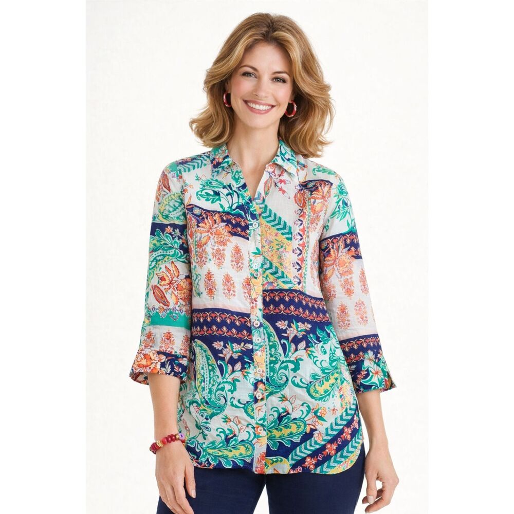 Chico's 100% Linen Patchwork Paisley Print Button Shirt Women's 3 XL 16/18 Tunic
